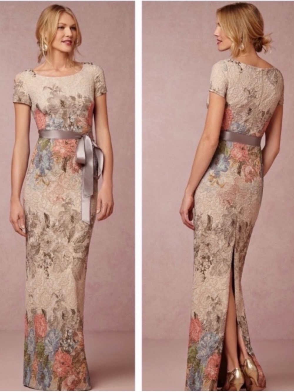 Adrianna Papell Cream Floral Lace Maxi Dress with Silver Sash